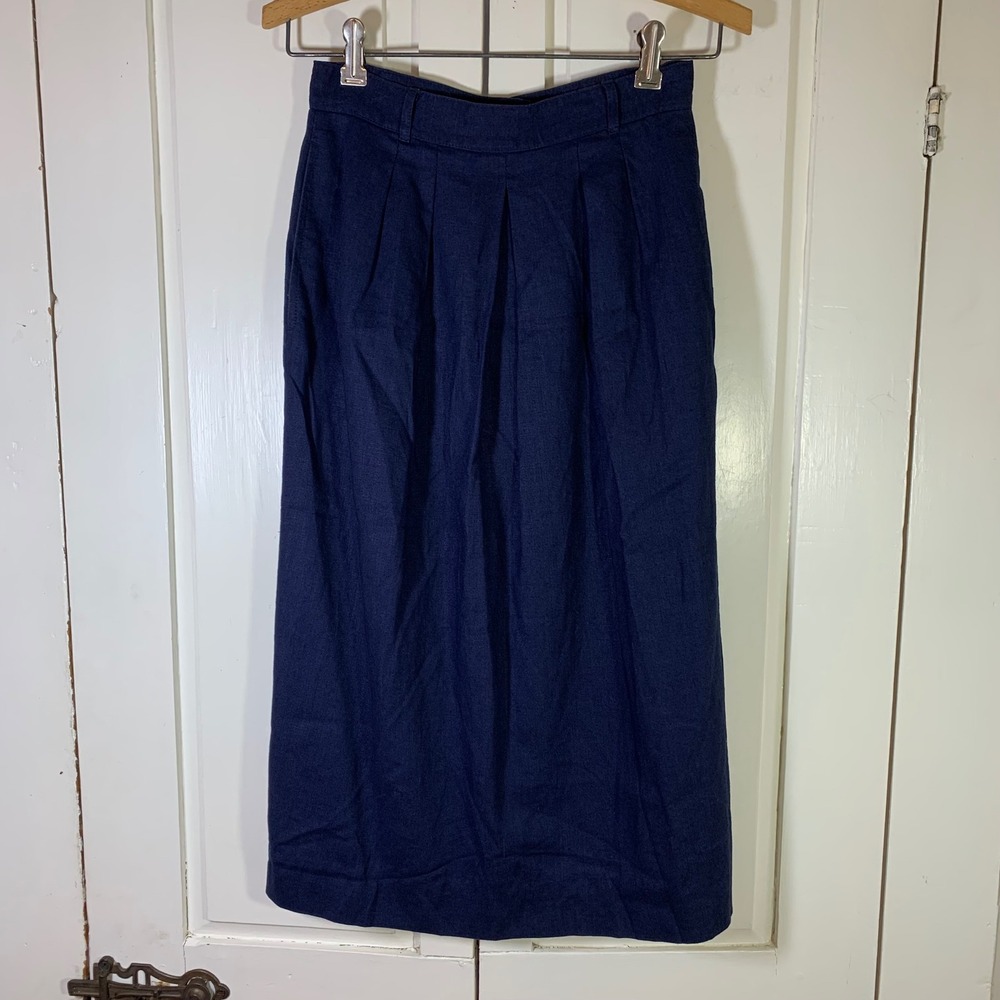 JG‎ Hook Vintage Navy Blue Linen Blend Pleated Midi Skirt High Waist Size 6